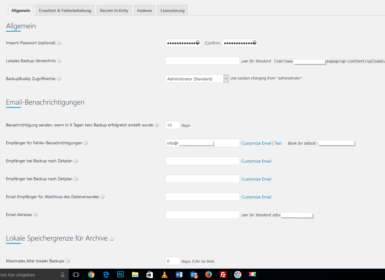 Einstellungen Backup Buddy