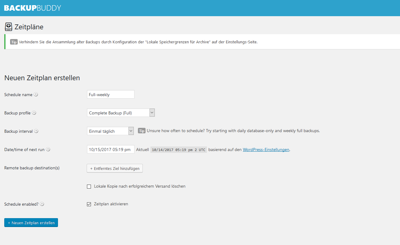 Zeitpläne Backup Buddy
